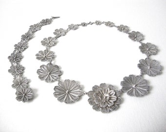 Vintage sterlingzilveren bloemen filigraanketting met bijpassende armband