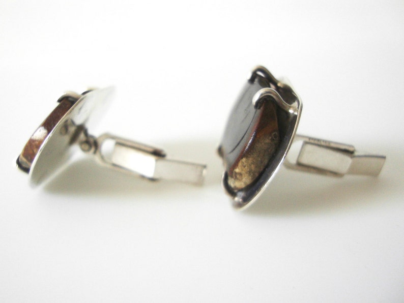 Vintage Black Coral Cufflinks With Reddish Brown Swirl Set In Sterling Silver