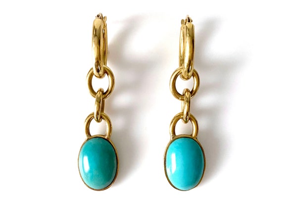 18K Gold Pierced Dangle Earrings Set With Turquoi… - image 1
