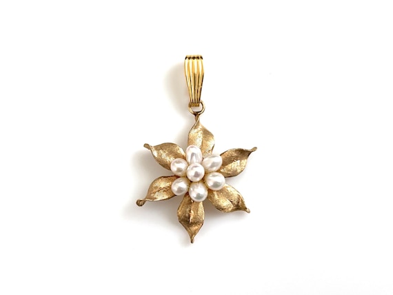 14K Gold Flower Pendant With Cultured Pearls - image 1