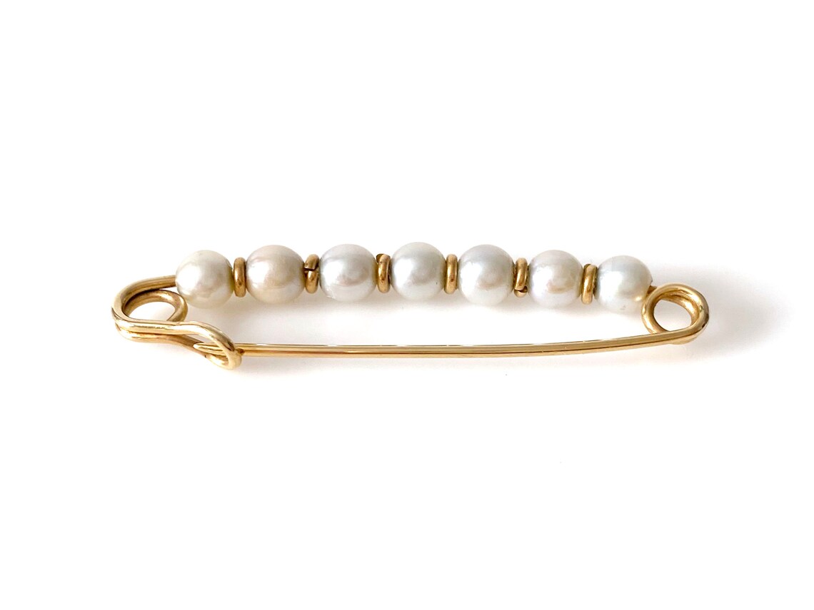 14K Gold Safety Pin Brooch With Cultured Pearls / 14K Gold Etsy