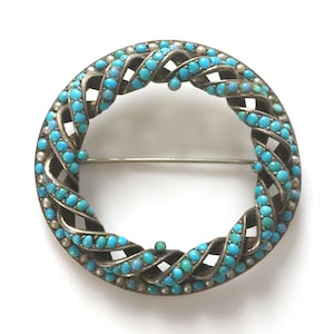 Antique 19th C Turquoise And Seed Pearl Brooch On Sterling Silver With 9K Rose Gold Back