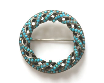 Antique 19th C Turquoise And Seed Pearl Brooch On Sterling Silver With 9K Rose Gold Back