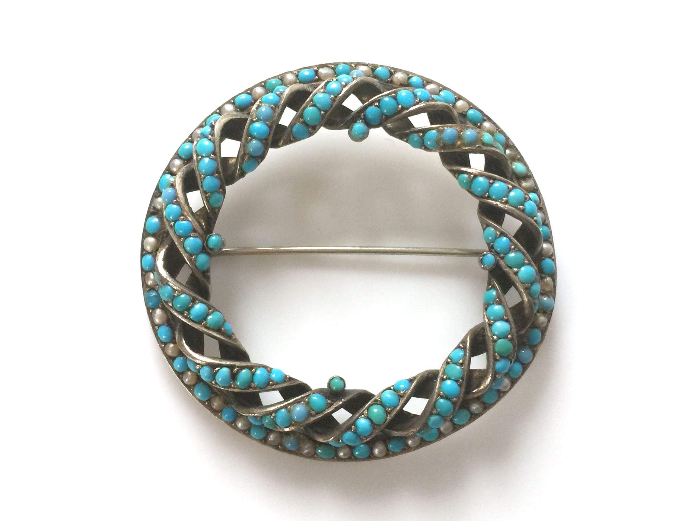 Broche Vintage Années 80 En Métal Avec Turquoise Et Perles Rocaille - Bijou Rétro