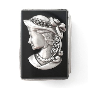Marcasite Sterling Silver Onyx Pill Box With The Profile Of A Lady