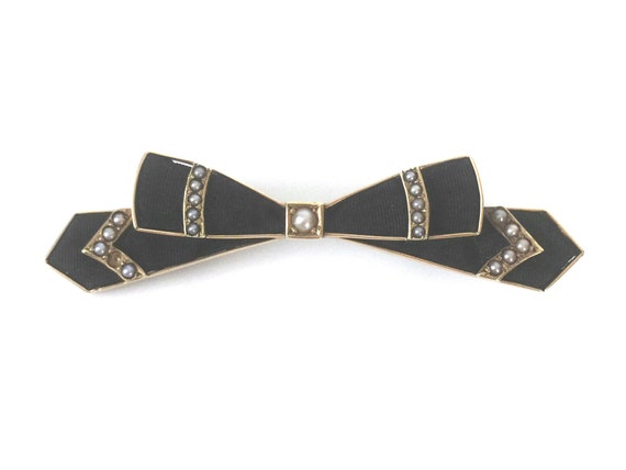 Art Deco 14K Gold And Pearl Black Bow Brooch - image 1