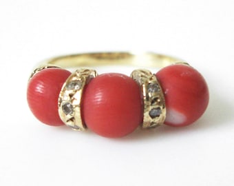 14K gouden ring met diamant en koraal, maat 5 3/4