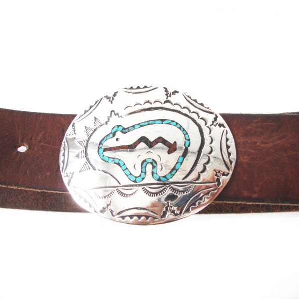 Navajo Leander Nezzie Sterling Silver Bear Buckle With Chip Inlay Turquoise And Coral 31 Inch