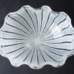 Vintage Murano Hand Blown White Latticino Footed Candy Dish With Fluted Ruffle Edge