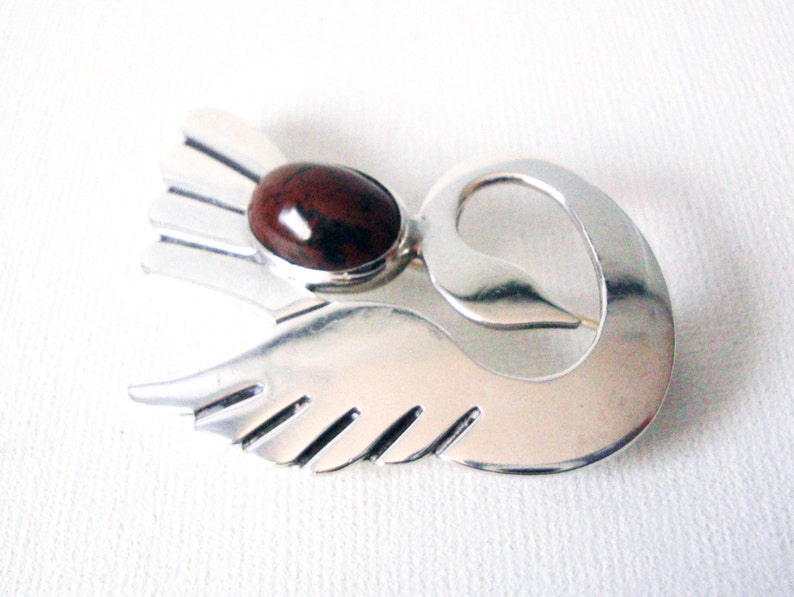 Vintage Modern Sterling Silver Swan Brooch With Oval Stone Taxco Mexico image 2