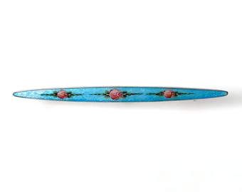 Antique 900 Silver Blue Guilloche Enamel Bar Pin With Handpainted Roses