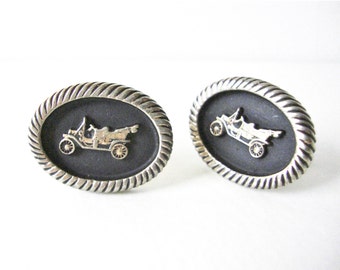 Vintage Gold Tone Antique Car Cufflinks With Black Accent