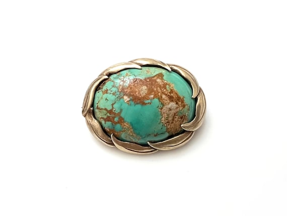 Antique Gilt Sterling Silver Turquoise Oval Brooch