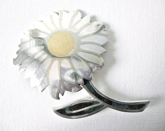 Los Castillo Large Sunflower Brooch with inlay stem in Sterling Silver Copper And Dark Silver