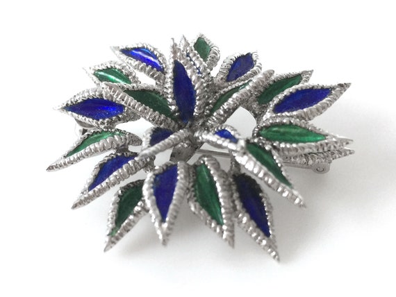 Floral Blue And Green Enameled Sterling Silver Br… - image 2