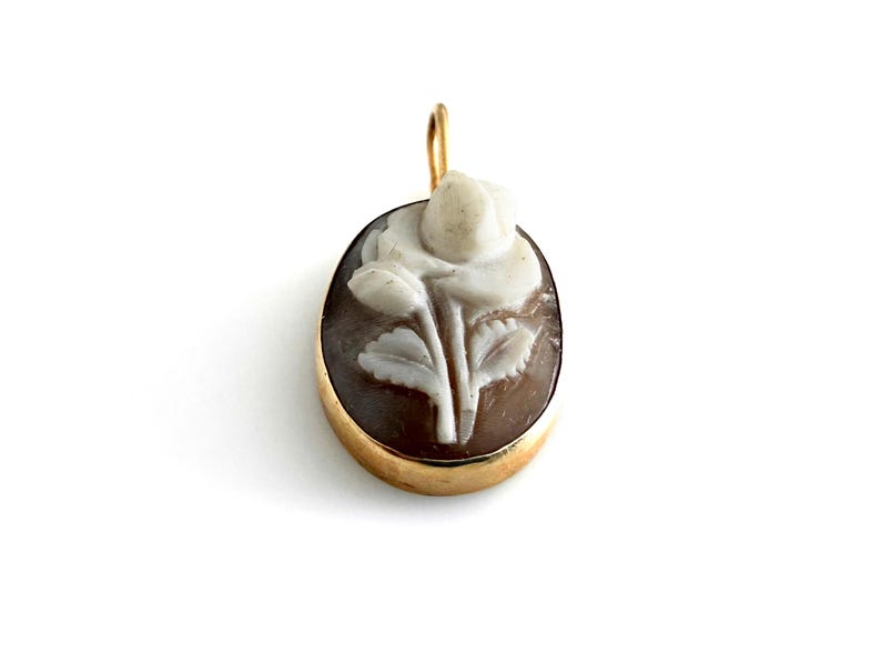 K&ouml;nnte beinhalten: Ovaler Anh&auml;nger mit einem geschnitzten Cameo einer Rose in Wei&szlig;- und Braunt&ouml;nen. Der Cameo ist in einem goldfarbenen Rahmen mit einer kleinen Schlaufe oben f&uuml;r eine Kette gefasst.