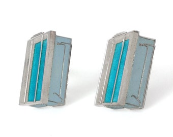 Boutons De Manchettes Anciens En Émail Bleu Art Déco - Métal Argenté - Occasion Très Bon État
