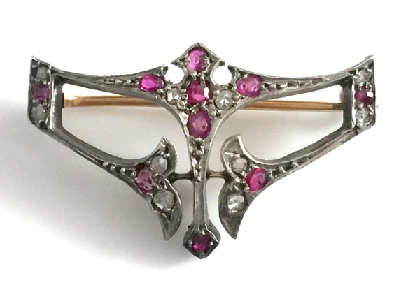 Victorian Rose Cut Diamond And Ruby 14K Rose Gold… - image 2