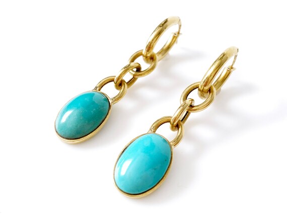 18K Gold Pierced Dangle Earrings Set With Turquoi… - image 3