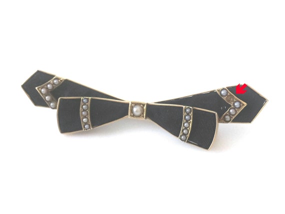 Art Deco 14K Gold And Pearl Black Bow Brooch - image 8