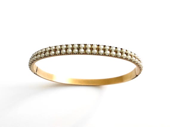 Victorian 9K Gold Seed Pearl Hinged Bracelet