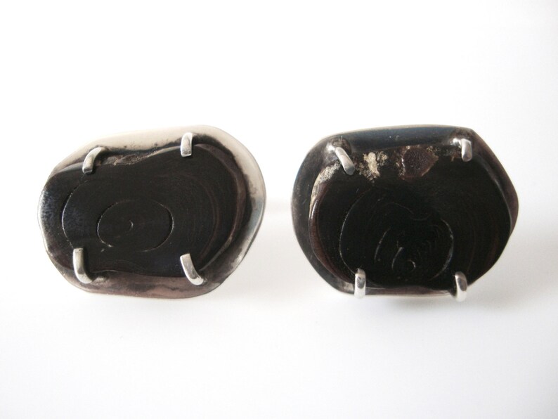 Vintage Black Coral Cufflinks With Reddish Brown Swirl Set In Sterling Silver