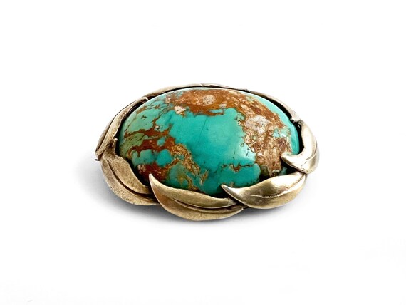 Antique Gilt Sterling Silver Turquoise Oval Brooch View 3