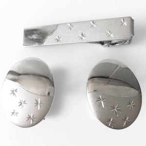 Mid Century Sterling Silver Oval Cufflinks With Matching Tie Clip