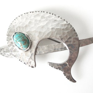 Hand Hammered 930 Silver Fish Brooch Set With Turquoise Stone