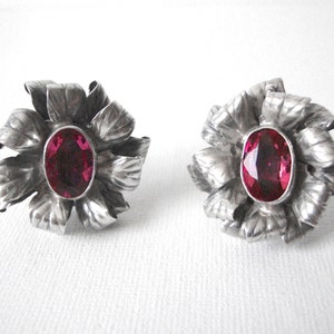 Vintage Sterling Silver Dimensional Floral Earrings With Large Pink Stones
