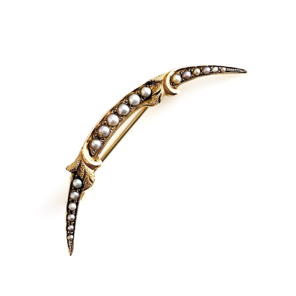 14K Gold Crescent Moon Brosche mit Saatperlen