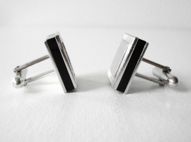 Vintage Swank Silver Square Cufflinks With Black Trim image 2