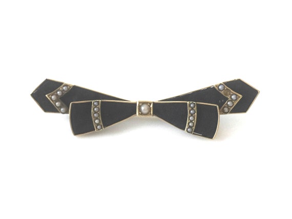 Art Deco 14K Gold And Pearl Black Bow Brooch - image 3