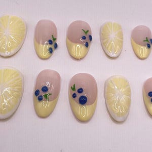 Lemon Blueberry French Tip Press On Nails, Hand-Painted, Summer Nails, Spring Nails, Luxury, Reusable