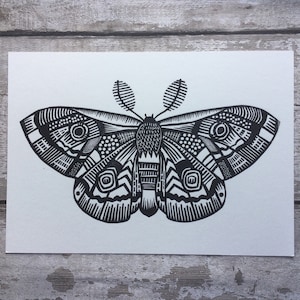 Moth Moth Print Moth art tattoo art Linocut Animal Art Nature lover Lino print Insect Gold gift for lepidopterist image 1