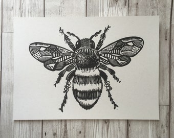 Honey Bee - Honey Bee print - Bee art - Bee linoprint - gift for nature lover - tattoo art  - Linocut  - gift for beekeeper - Nature art