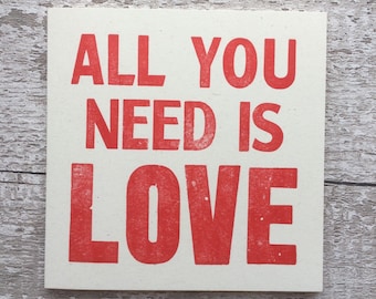 All You Need Is Love Letterpress Card – Beatles Lyric Valentine, Anniversary
