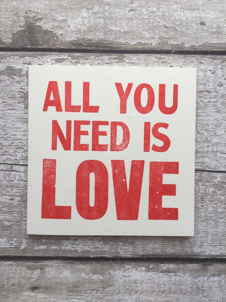 All you need is love letterpress valentine Beatles Lyric Valentines Day greetings card Anniversary card Wedding image 1