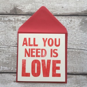 All you need is love letterpress valentine Beatles Lyric Valentines Day greetings card Anniversary card Wedding image 2