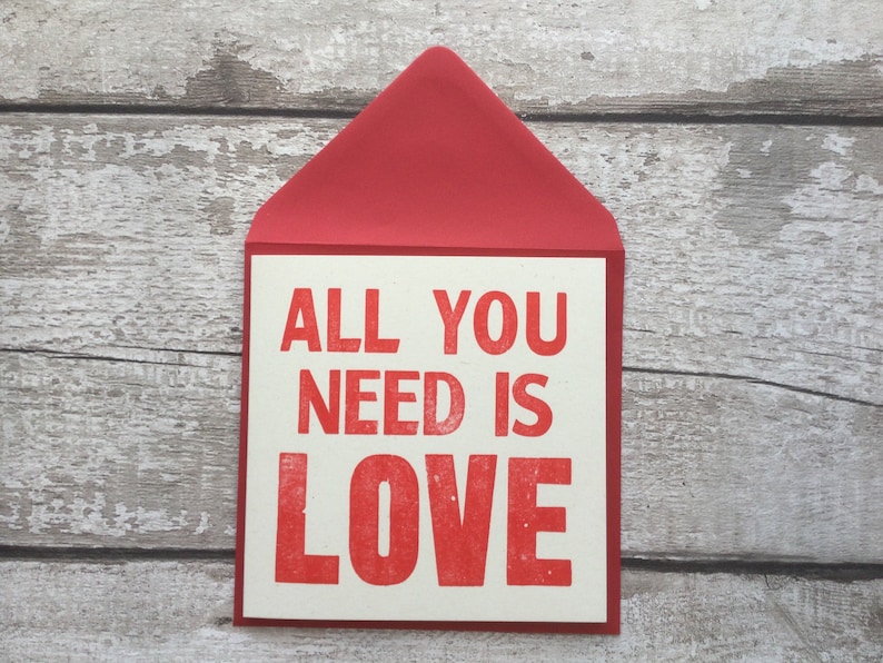 All you need is love letterpress valentine Beatles Lyric Valentines Day greetings card Anniversary card Wedding image 2