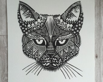 Grabado en linóleo tallado a mano: Arte de gato espeluznante, decoración de Halloween (tamaño A4)