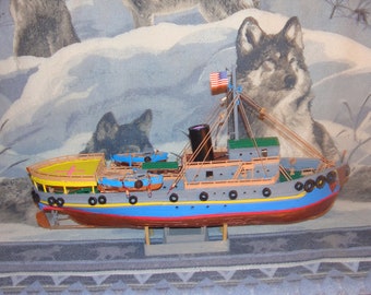 Handmade Coffee Stir Stick Tug Boat Model, Detailed Mantel Piece, 1/72nd.scale