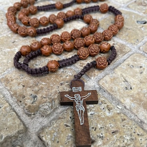 Rose beads rosary wooden cross Macrame