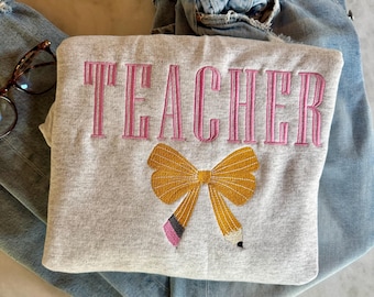 Teacher Embroidered Crewneck Sweatshirt: Bow Pencil Design