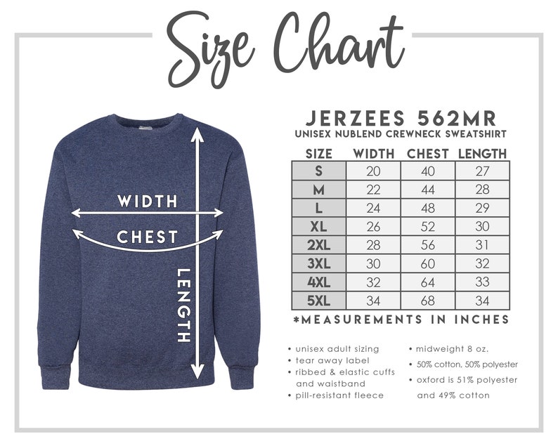 K&ouml;nnte beinhalten: Gr&ouml;&szlig;entabelle f&uuml;r ein Unisex-Sweatshirt mit Rundhalsausschnitt, die die Ma&szlig;e in Zoll f&uuml;r Breite, Brust und L&auml;nge angibt. Die Tabelle umfasst die Gr&ouml;&szlig;en S bis 5XL. Das Sweatshirt ist ein mittelschweres 8 oz. Gemisch aus 50% Baumwolle und 50% Polyester.