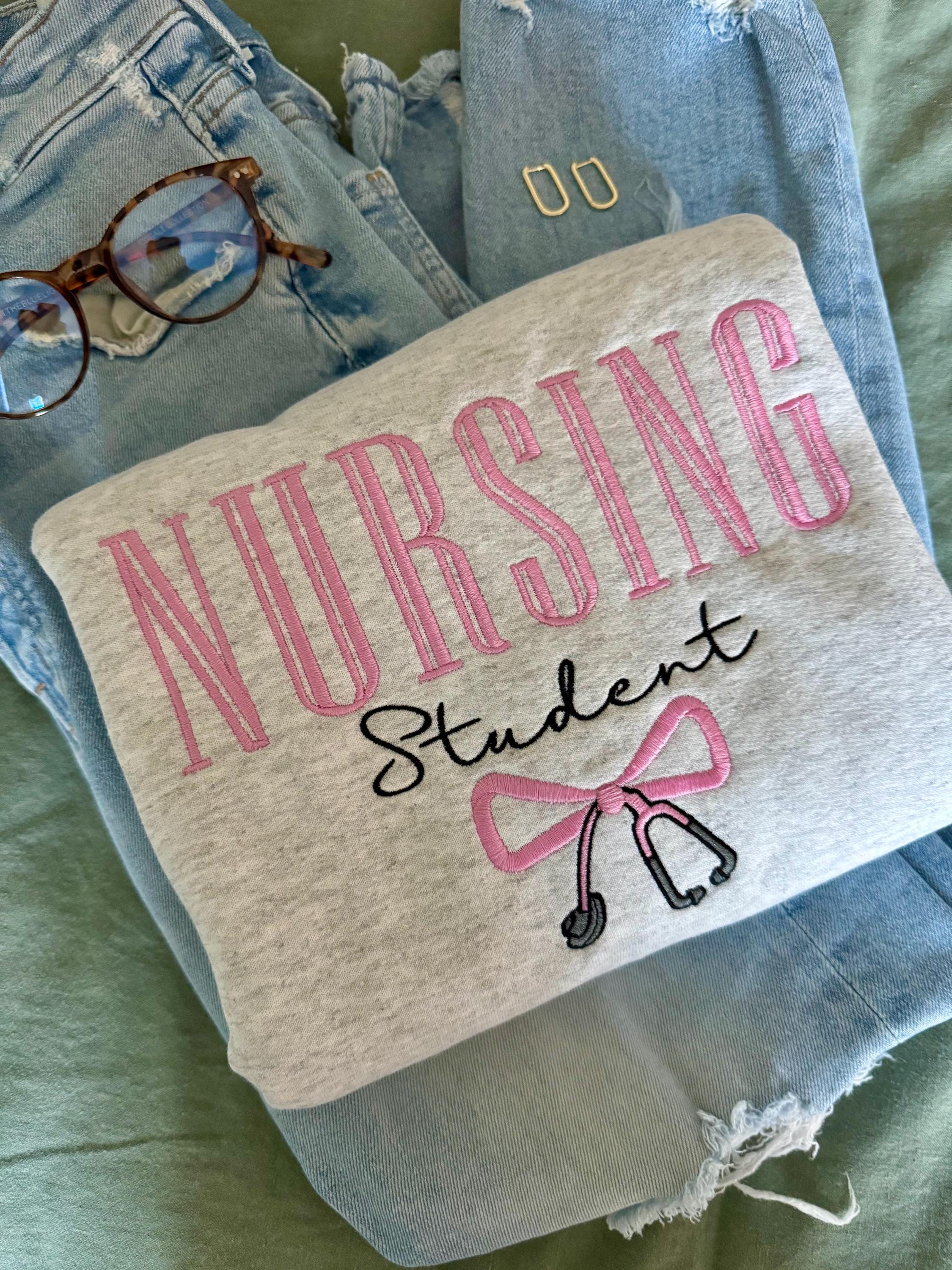 NURSING STUDENT Embroidered Crewneck, bow stethoscope, Nursing Sweatshirt, Embroidered Sweatshirt, Nursing School Gift Shirt