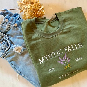 Mystic Falls Embroidered Crewneck, Vampire Show, Fall Sweatshirt, Mystic Falls Virginia, TVD, Embroidered Vampires