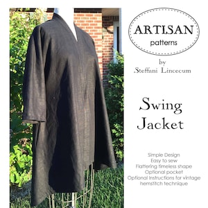 Puede incluir: Un patrón de costura para una chaqueta swing de lino negro de Artisan Patterns. El patrón incluye instrucciones para una técnica de puntada de festón vintage.