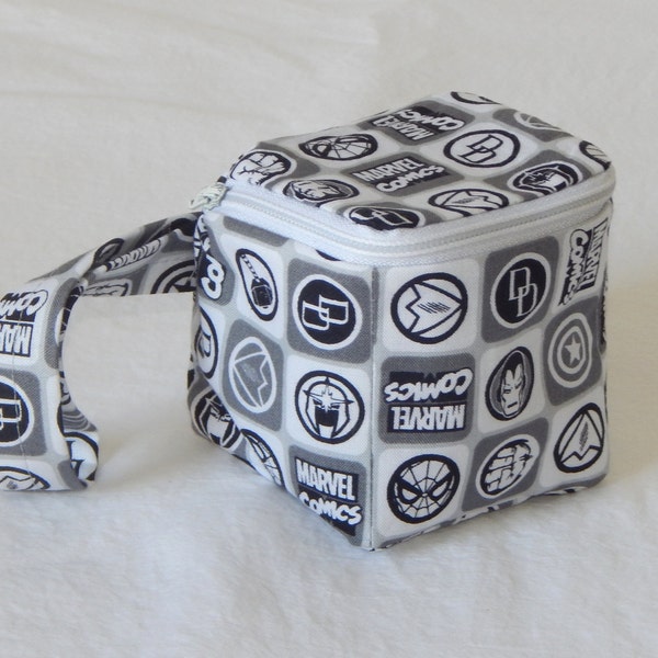 SALE! 40% off Tiny zippered box, 3x3", knitting, crochet, embroidery, Marvel Comics, speedcube, Rubik's cube