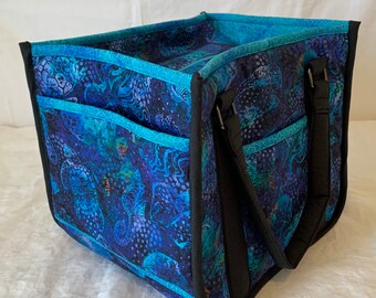 Sparrow bag 10”x8”x8.5” for the Daedalus Sparrow and other small E-spinners, padded handles 5 pockets, zippered closure, Batik fish, sealife